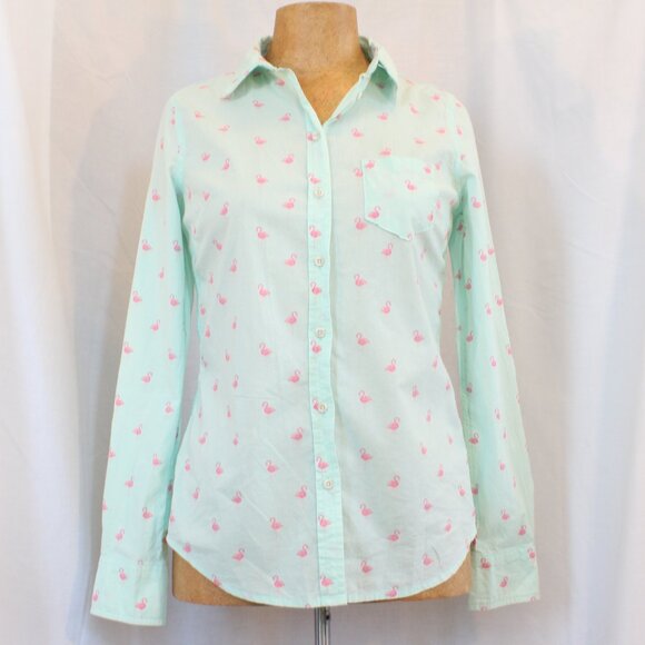 Merona Pink & Green Flamingo Buttondown - Picture 1 of 7